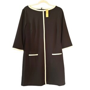 $228 NWT Alexia Admor Black Sz M White Trim 3/4 Sleeve Shift Dress Stretch LBD